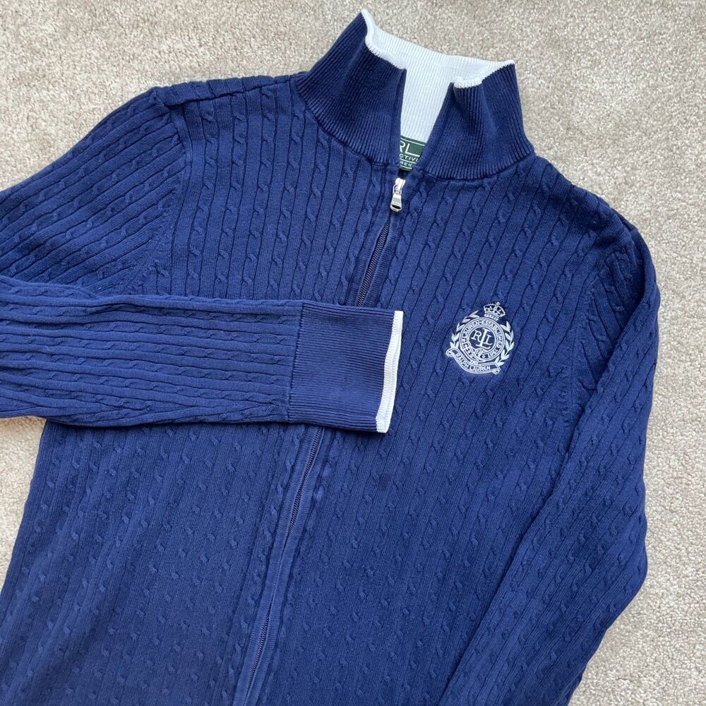 Lauren Ralph Cableknit Sweater Jacket Womens XL Crest Navy Blue Old Money Yacht